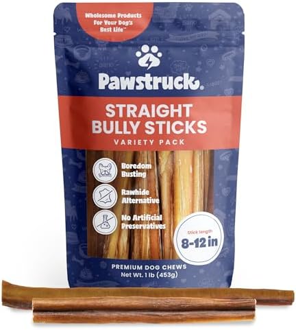 Pawstruck Natural 8–12" Bully Sticks for Dogs – Long-Lasting, Rawhide-Free, Low-Odor, Grain-Free Dental Chew Treat – Single Ingredient, 100% Real Beef – 1 lb Bag – Packaging May Vary