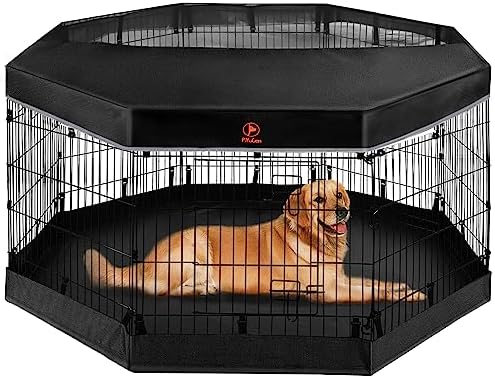PJYuCien Dog Playpen - Metal Foldable Dog Exercise Pen, Pet Fence Puppy Crate Kennel Indoor Outdoor with 8 Panels 30”H & Top Cover and Bottom Pad for Small Medium Pets