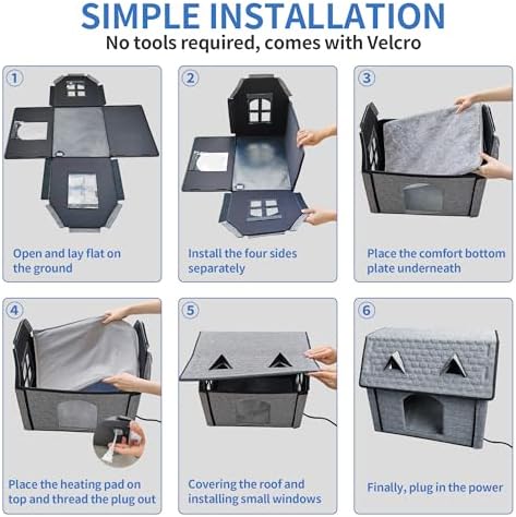 Heated Cat House with Pet Heating Pads, Intelligent Thermostat Cotroller, Cat Heating Shelter for Indoor Outdoor Kitty, Foldable Puppy Heated Bed with Cute Windows, Sturdy and Waterproof