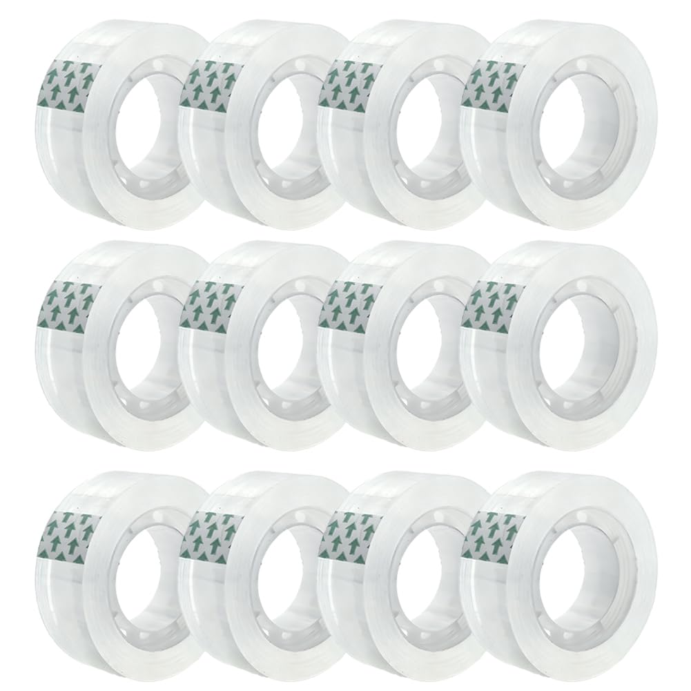Zizlurnar 12 Rolls Transparent Tape Refills Rolls, Clear Tape, 1 in Core, 3/4 x 1000 in, Gift Packaging Tape Refill Roll for Office, Home, School