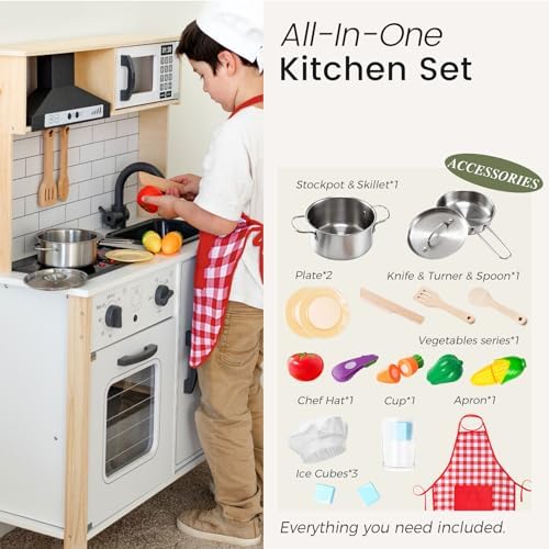 Tiny Land Play Kitchen for Kids, Wooden Kids Play Kitchen Playset Chef Pretend Play Set for Toddlers with Real Lights & Sounds, Toys Kitchen with 18 Pcs Toy Food & Cookware Accessories