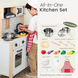 Tiny Land Play Kitchen for Kids, Wooden Kids Play Kitchen Playset Chef Pretend Play Set for Toddlers with Real Lights & Sounds, Toys Kitchen with 18 Pcs Toy Food & Cookware Accessories