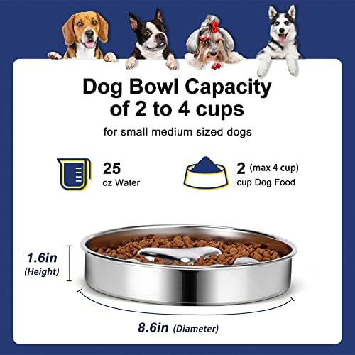 Slow Feeder Dog Bowls 304 Stainless Steel, 2 Cups Metal Food Bowls, Water Bowl for Small & Medium Sized Dogs, Fun Bloat Stop Pet Fast Eaters