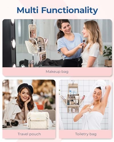 BAGSMART Toiletry Bag Travel Makeup Bag with Hanging Hook, Cosmetic Bag Make Organizer Case, Large Capacity Water-resistant Organizer for Toiletries Accessories Brushes Sponge, Beige