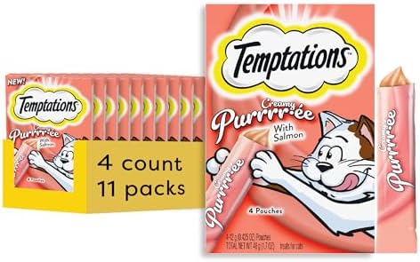 Temptations Creamy Puree with Salmon Lickable, Squeezable Cat Treats, 0.42oz Pouches, 4 Count (Pack of 11)