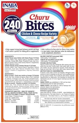 INABA Churu Bites Dog Treat, Grain-Free, Baked Chicken Filled with Churu, Chicken Recipe Wraps Chicken Recipe & Cheese Recipe 20 Pack Variety