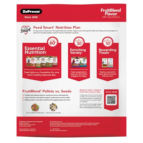 ZuPreem FruitBlend Bird Food, Bird Feed Pellets for Cockatiel, Lovebird, Quaker, Small Conure, Lorikeet, ZuPreem Core Nutrition with Natural Fruit, Cockatiel Food, Conure Feed, (Medium, 10 lb Bag)