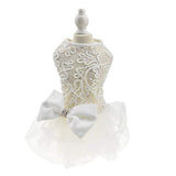 Hollow Dog Wedding Dress Tutu Skirt Luxury Lace Pearl Bow Christmas Dress Costume for Small Dog Pet Apparel (XS, White)