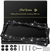2 Pack Bling License Plate Frames for Women, Sparkly Rhinestone Diamond Car Accessories with Glitter Crystal Caps (Black)