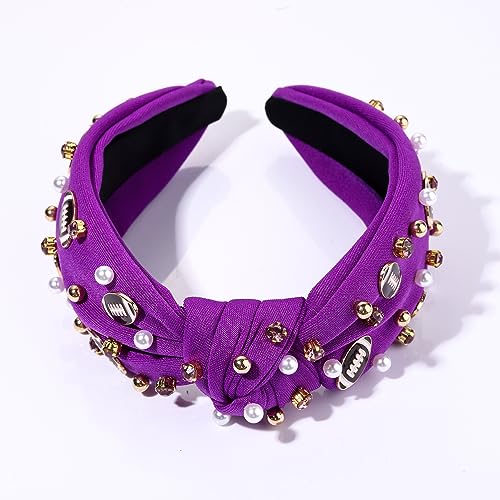 Football Headband Pearl Rhinestone Jeweled Knotted Headband Fun Sports White Hot Pink Black Blue Football Embellished Wide Top Knot Hairband Headpiece Game Day Sports Hair Accessories Gift for