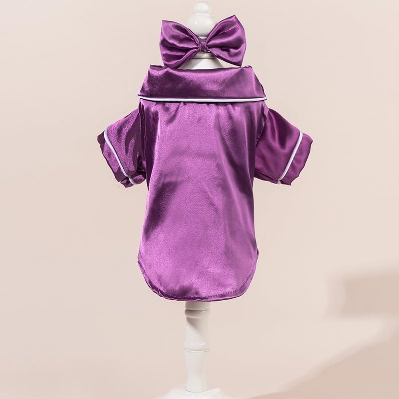 Dog Silk Pajamas, Christmas Lapel Pet Sleepwear Shirts Bulldog Chihuahua Yorkie Pjs,Comfortable Breathable Two-Legged Cat Costumes Dog Clothes (Purple Bow M)