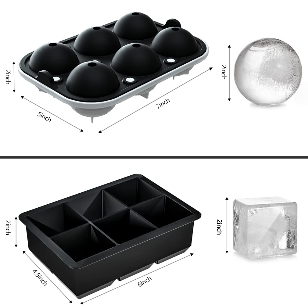 Ice Cube Trays (Set of 2), Sphere Ice Ball Maker with Lid & Large Square Ice Cube Maker for Whiskey, Cocktails and Homemade, Keep Drinks Chilled Black