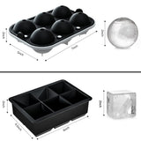 Ice Cube Trays (Set of 2), Sphere Ice Ball Maker with Lid & Large Square Ice Cube Maker for Whiskey, Cocktails and Homemade, Keep Drinks Chilled Black