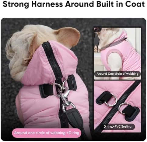Fleece Lining Dog Hoodie with Harness Built in,Extra Warm Medium Dog Jacket in Winter Doggie Coats with Hooded,Light Pink L
