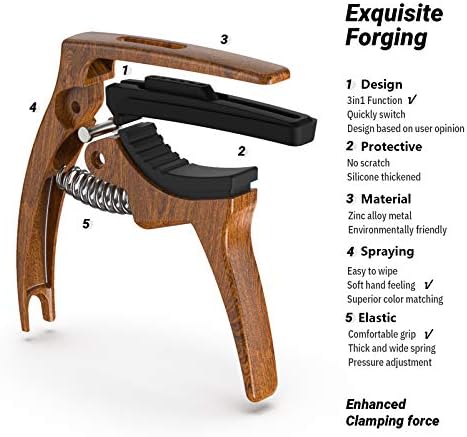3in1 Guitar Capo for Acoustic and Electric Guitars,2 Pack(with Pick Holder and 6 Picks),Ukulele,Strings Accessories (Black&Wood)