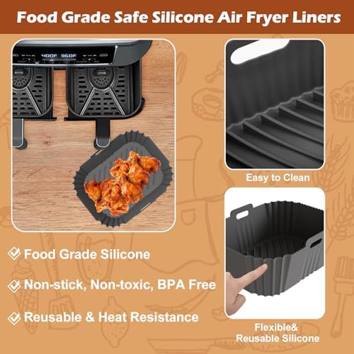 2PCS Ninja Air Fryer Liners, Non-Stick Silicone Air Fryer Liners for Ninja DZ201/DZ401 DZ550 8-10 QT, Air Fryer Liners Baking Tray for Ninja Chefman COSORI 2 Basket Air Fryer, Air Fryer Accessories