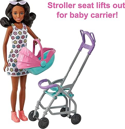 Barbie Skipper Babysitters Inc Playset with Brunette Doll, Stroller, Baby Doll & 5 Accessories, Remove Stroller Seat for Carrier