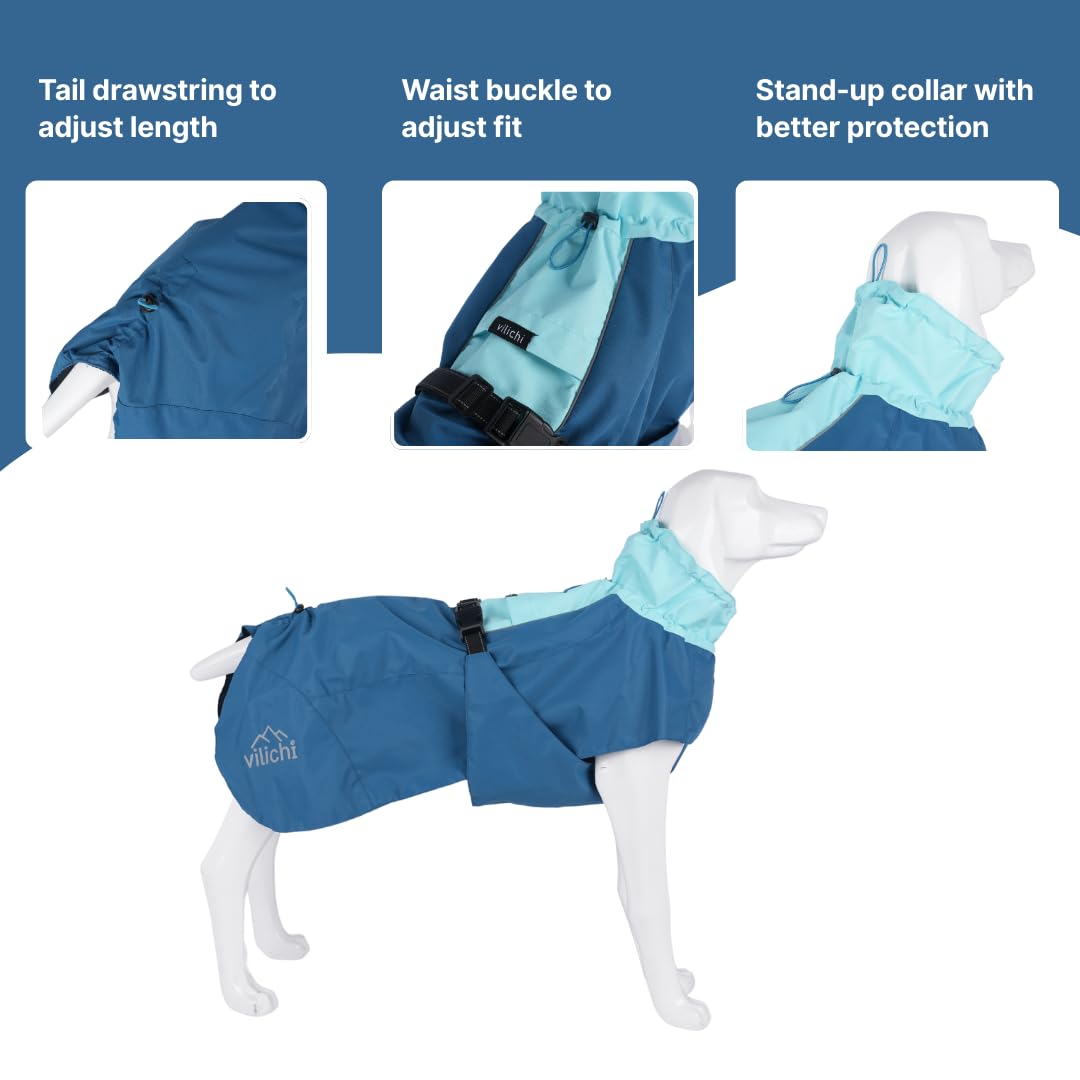 Vilichi Dog Raincoat, Waterproof Jacket, Windproof & Lightweight Outdoor Rain Coat, Body Coverage Poncho,with Storage Bag, Blue, for Medium Breed (Large)