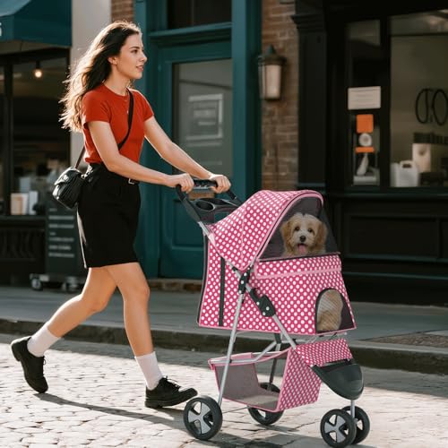 Pink Dog Stroller for Medium Dogs 30 lbs Pet Stroller for Small Dogs Cat Strollers for 2 Cats, 3 Wheels Foldable Jogger Puppy Stroller with Storage Basket and Cup Holder, Pink Polka Dots