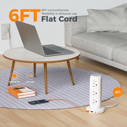 Surge Protector Power Strip Tower, TESSAN Flat Plug Extension Cord 6 FT, Charging Station with 9 Outlets and 4 USB(2 USB C), 900J Surge Protection for Office Home Dorm Room Desk Accessories