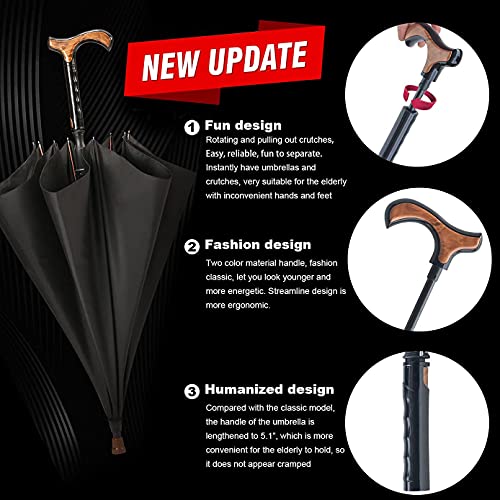 Wrzbest Stick Umbrella 2-in-1,Self Defense Cane Umbrella Man, Auto Open Long Handle, Large Detachable sturdy Walking Stick Umbrella Man Crutch Umbrella for Father's Day,elderly Men(Upgrade:black)