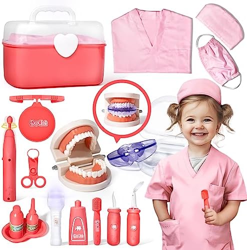 Dentist Kit for Kids with Pretend Teeth, Dental Accessories and Dress Up Costume - Kids Dentist Kit Play Set - Pretend Play Gift for Kids Toddlers Ages 3 4 5 6 Year Old for Role Play