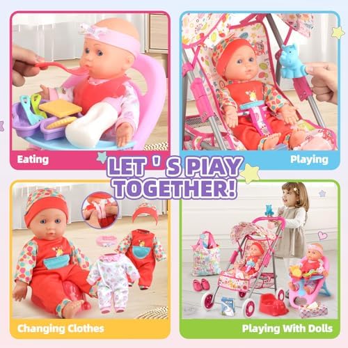 Baby Doll Stroller Set Toys for Girls Toddlers 3-5 4-6 Gifts,Baby Doll Set with 12.5 inch Doll,1 Baby Dining Chair,20 PCS Baby Doll Accessories and 2 Sets Doll Clothes for Realistic Pretend Play