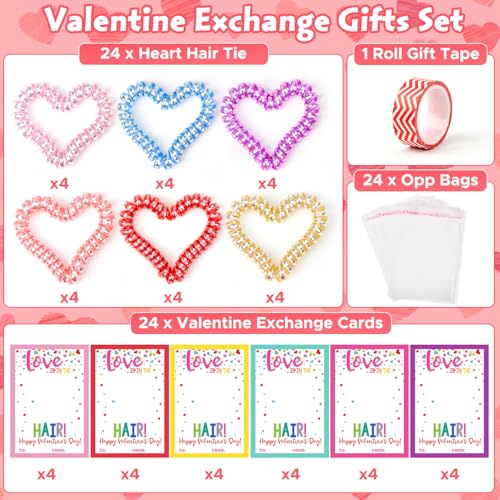 Class Valentines Day Gifts for Kids Girls with 24 Pack Heart Hair Ties Hair Bands with Girls Valentines Cards School Valentines Hair Accessories for Classroom Exchange