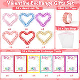 Class Valentines Day Gifts for Kids Girls with 24 Pack Heart Hair Ties Hair Bands with Girls Valentines Cards School Valentines Hair Accessories for Classroom Exchange