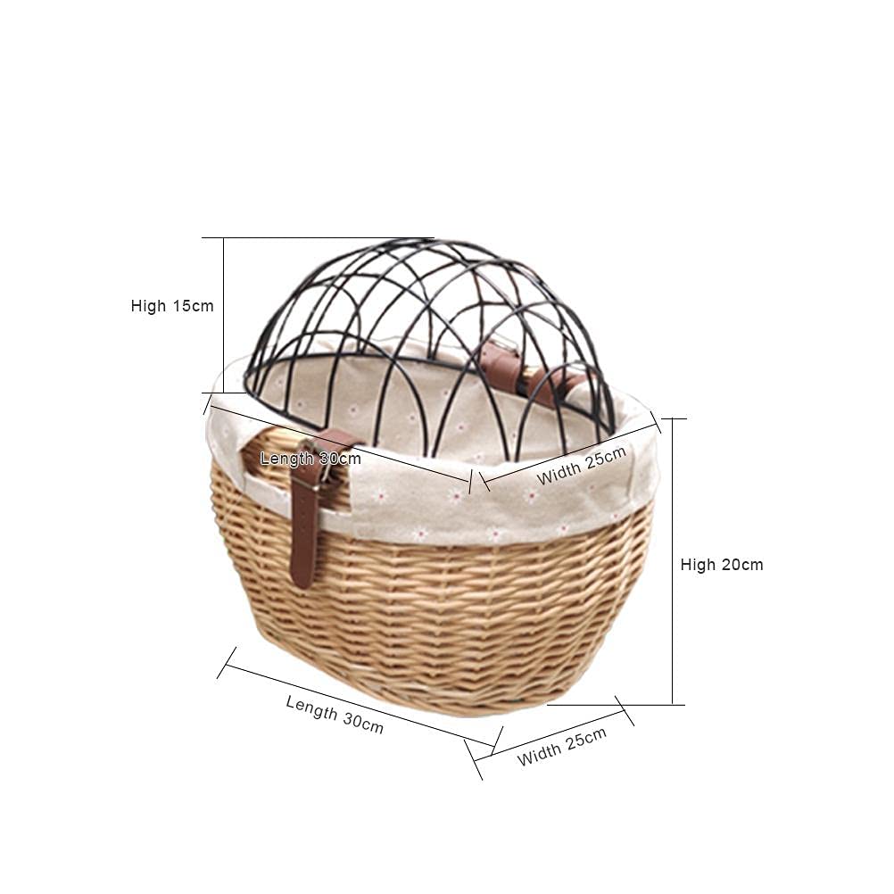 Wicker Bike Basket for Small Dogs Cats Pet Carrier Front Basket with Wire Mesh Cover (Honey Color)