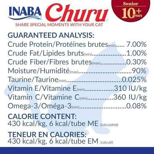 INABA Churu for Senior 10+, Creamy Lickable Cat Treats with Taurine, Vitamin E & C, 0.5 Ounces Each, 24 Tubes (4 per Pack), Tuna with Salmon Recipe