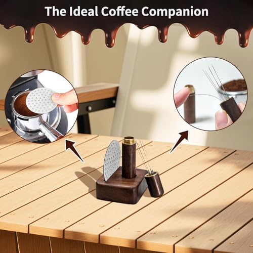 WDT Tool Espresso Machines Accessories - 54mm Dosing Funnel and Puck Screen, 5×0.4mm Espresso Needle Distributor with Wooden Base | Fits Breville 8 Series and 54mm Coffee Machines Portafilters