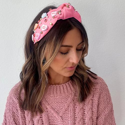 Valentine’s Day Headband for Women Girls Top Knot Jeweled Rhinestone Velvet Plush Hair Accessories Pink Red Heart Clothes Outfit