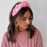 Valentine’s Day Headband for Women Girls Top Knot Jeweled Rhinestone Velvet Plush Hair Accessories Pink Red Heart Clothes Outfit