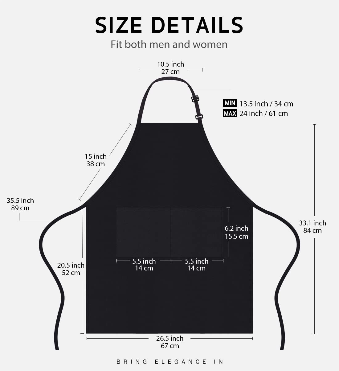 2 Pack 100% Cotton Adjustable Bib Apron with 2 Pockets Cooking Kitchen Aprons for Women Men Chef, Black