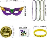 Winlyn 144 Pcs Mardi Gras Party Accessories Set Bulk Mardi Gras Bead Necklaces Masquerade Mardi Gras Coins Temporary Tattoos Rubber Bracelets for Mardi Gras Parade Masquerade Party Décoration