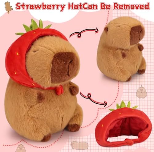 Emoin Capybara Plush Toy with Strawberry Hat 9.8 Inch Kawaii Capybara Plushie Soft Capybara Valentines Stuffed Animals Doll Strawberry Capybara Valentines Day Gift for Her