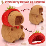 Emoin Capybara Plush Toy with Strawberry Hat 9.8 Inch Kawaii Capybara Plushie Soft Capybara Valentines Stuffed Animals Doll Strawberry Capybara Valentines Day Gift for Her