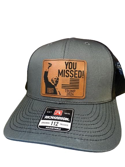 You Missed Trump Shot Never Surrender Trucker Hat, Conservative Cap, Leather Patch Hat, Laser Engraved,- Adjustable Snapback for Republicans (Charcoal)