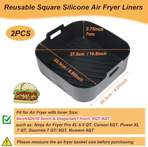 BYKITCHEN 9 Inch Square Silicone Air Fryer Liners for 6 to 8QT, Set of 2, Reusable Silicone Airfryer Tray Insert, Air Fryer Accessories for Corsori 6QT, Ninja Airfryer Pro XL 6.5QT, Gourmia & More