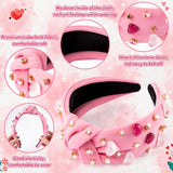 PANTIDE Valentine's Day Heart Jeweled Knotted Headband - Heart Rhinestone Crystal Embellished Headband Wide Top Knot Fashion Hairband Accessories Christmas Birthday Gift for Lover Women (Pink)