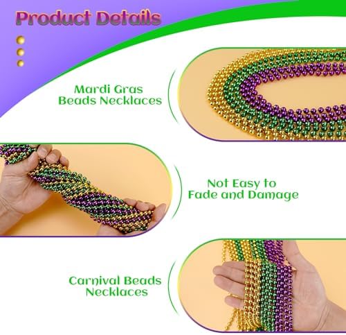 Mardi Gras Beads Bulk, 144 Pcs Mardi Gras Beads Necklaces 33'' 7 mm Metallic Gold Green Purple Bead Necklaces Mardi Gras Accessories Throw Beads in Bulk for Mardi Gras, Christmas, Party Favors