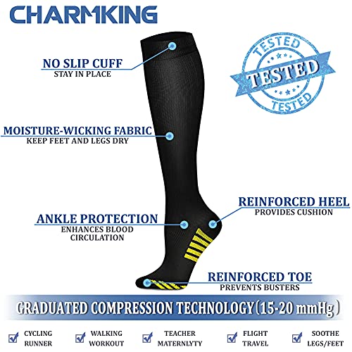CHARMKING Compression Socks for Women & Men (8 Pairs) 15-20 mmHg Graduated Copper Support Socks are Best for Pregnant, Nurses - Boost Performance, Circulation, Knee High & Wide Calf (S/M, Multi 32)