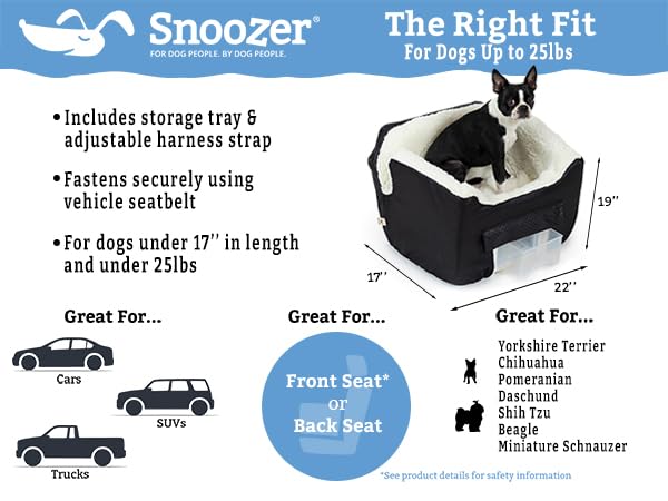 Snoozer Dog Car Seat with Storage Tray: Lookout II Dog Booster Car Seat for Pets up to 25lbs, Helps Alleviate Travel Sickness & Fear for Dogs, Removable Washable Cover – Denim Diamond, Size Medium