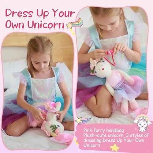 Unicorn Doll Stuffed Animal Toys for Girls - Ballerina Doll | Plush Carrier Bag | 3 Set Cloth Accessories, Kids Pretend Play Doll Pet Care, Birthday Gift for 3 4 5 6 Year Old Little Girl Unicorn Toys