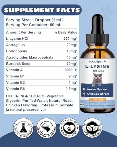 L-ysine Supplement for Cats - Immune Support - 60ML Lysine for Feline Respiratory, Sneezing, Runny Nose, Eye Function - Natural Cat Antibiotic Drops - Roast Chicken Flavor
