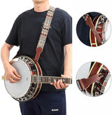 Nefelibata Banjo Strap, 2" Wide Double Full Grain Cowhide Guitar Strap Adjustable Replacement,Multi-pattern Guitar Strap With Headstock Rope and Leather Headband(Boho Yellow)