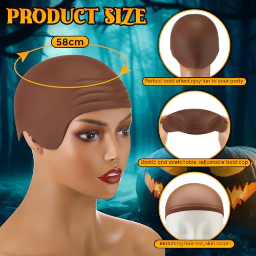 Syhood 2 Pieces Halloween Bald Cap Makeup Latex Bald Head Wig Caps Bald Hat Cosplay Costume for Adults(Dark Brown,Medium)