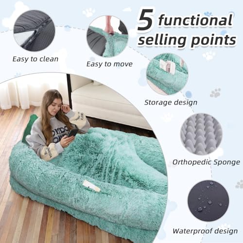 Human Dog Bed, 71''x45''x12'' Size Fits You and Pets, Washable Faux Fur Dog Bed for People Doze Off, Napping Orthopedic Dog Bed, Present Plump Pillow, Blanket, Strap - GreenWhite