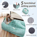 Human Dog Bed, 71''x45''x12'' Size Fits You and Pets, Washable Faux Fur Dog Bed for People Doze Off, Napping Orthopedic Dog Bed, Present Plump Pillow, Blanket, Strap - GreenWhite